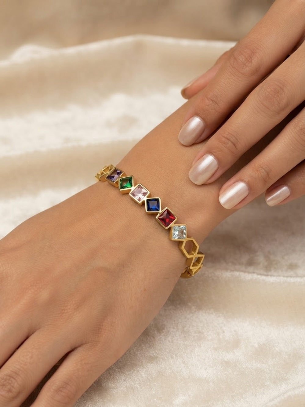 Gold Multistone Square Tennis Bracelet - Women Jewelry